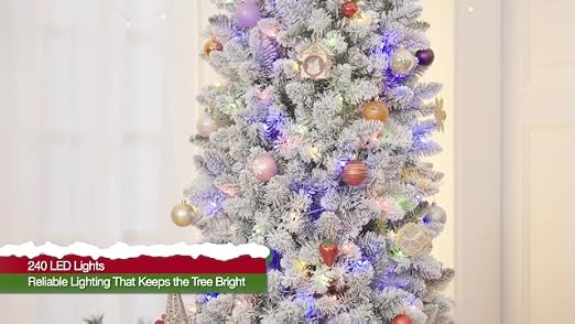 Hykolity 7.5ft Prelit Slim Flocked  Christmas Tree with 240 Multicolor LEDs