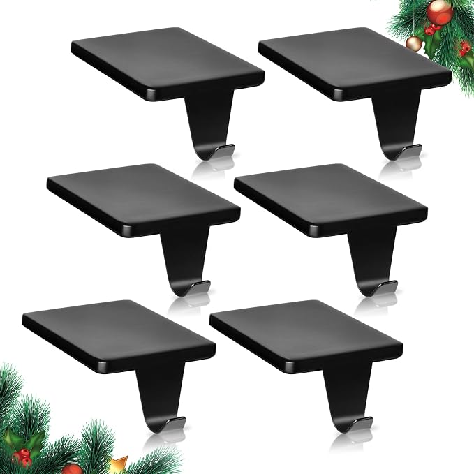Christmas Stocking Holders for Mantle Set of 6, Black Heavy Duty Iron Stocking Hangers Base, Low Profile Weighted Stocking Holder Hooks for Fireplace Tabletop Shelf Christmas Decoration