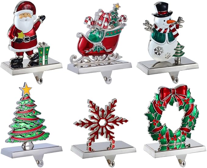 6 Pack Christmas Stocking Holders for Mantle Fireplace Stand Hanger Xmas Stocking Hooks Weighted Hangers for Xmas Holiday Decoration (Set of 6 Stocking Holders)