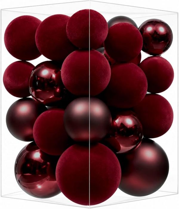 Burgundy Velvet Christmas Ball Ornaments, Shatterproof Flocked Ball Set