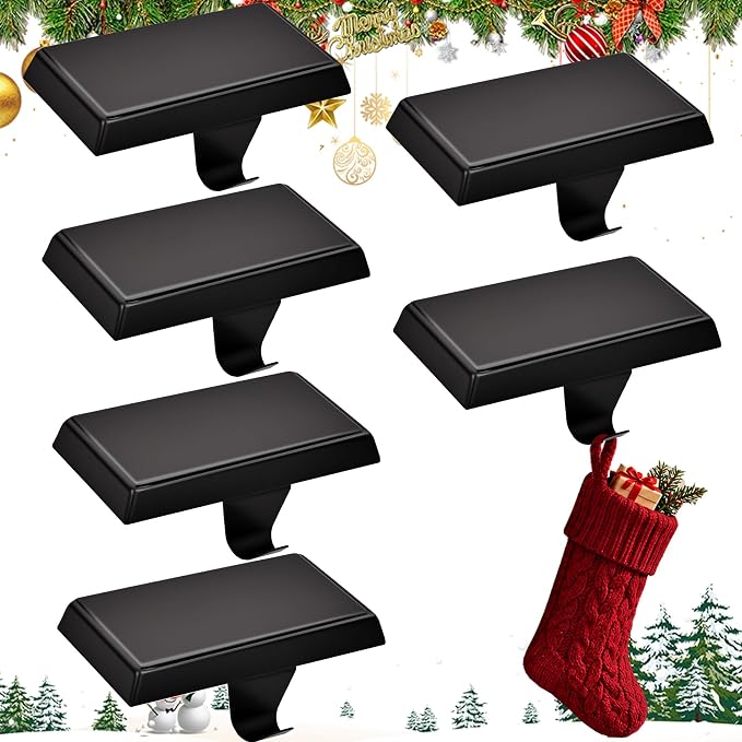 Christmas Stocking Holders for Mantle Set of 6, Non-Slip Base Metal Stocking Hangers, Heavy Duty Stocking Hooks for Xmas Holiday Decorations, Fireplace Christmas Decor Hooks for Home