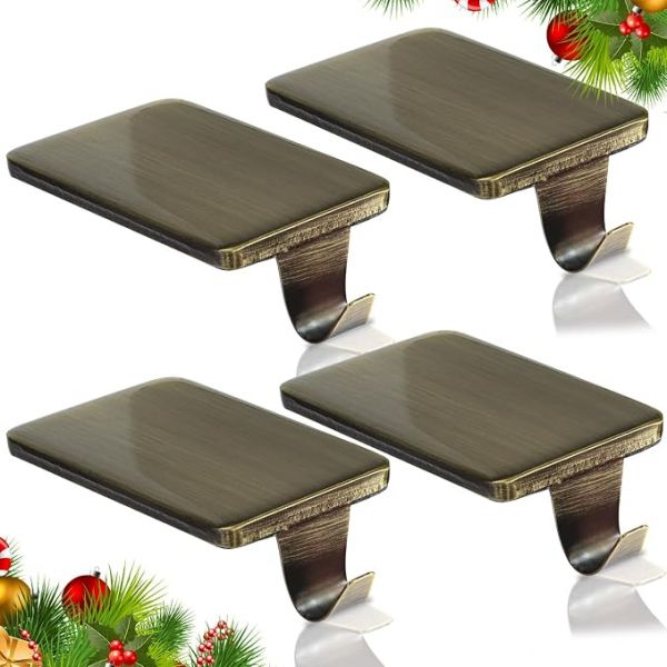 Christmas Stocking Holders for Mantle Set of 4, Heavy Duty Cast Iron Stocking Hangers Base, Low Profile Weighted Stocking Holder Hooks for Fireplace Tabletop Shelf Christmas Decoration, Bronze