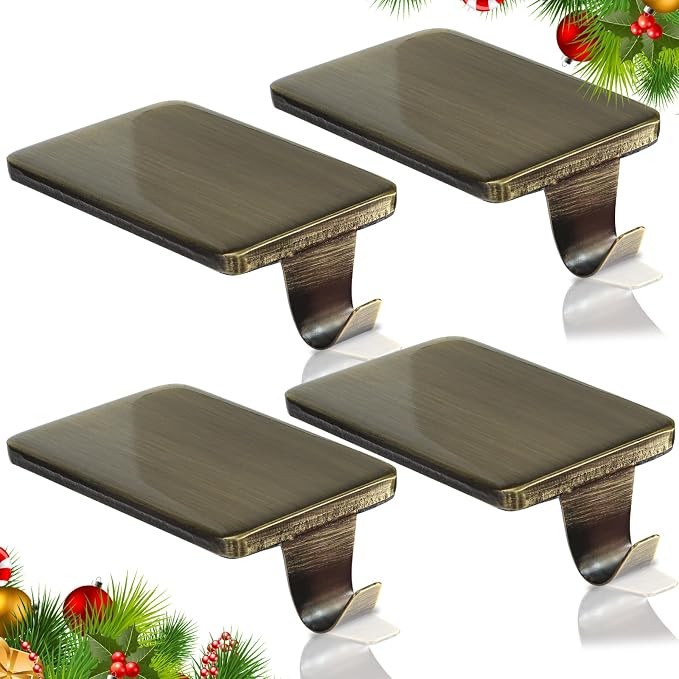 Christmas Stocking Holders for Mantle Set of 4, Heavy Duty Cast Iron Stocking Hangers Base, Low Profile Weighted Stocking Holder Hooks for Fireplace Tabletop Shelf Christmas Decoration, Bronze
