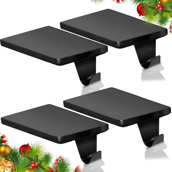 Christmas Stocking Holders for Mantle Set of 4, Black Heavy Duty Iron Stocking Hangers Base, Low Profile Weighted Stocking Holder Hooks for Fireplace Tabletop Shelf Christmas Decoration