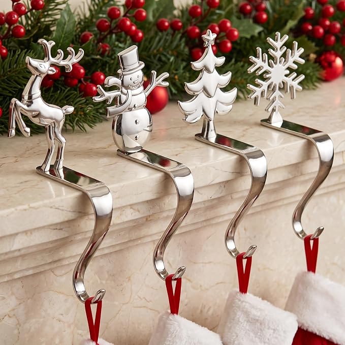4 PCS Stocking Holders for Mantle, Non-Slip Base, Silver