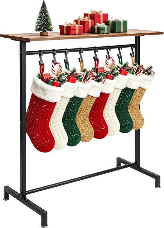 Christmas Stocking Holder Stand, 2-in-1 Woodtop Rack with 8 Hooks