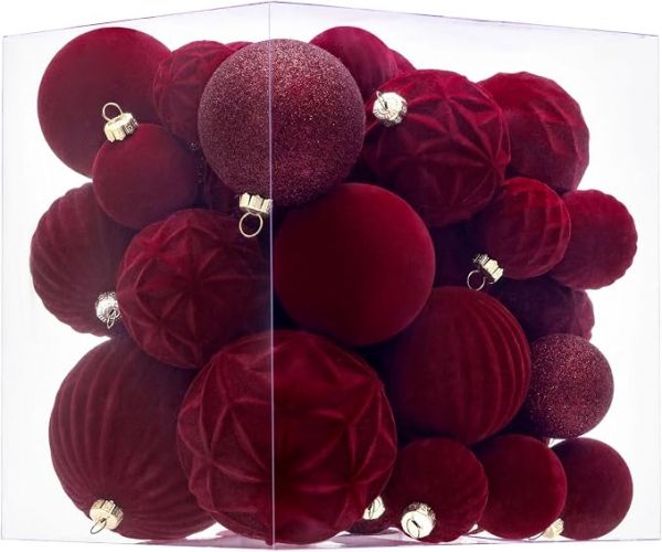 36pcs Velvet Christmas Ball Ornaments Burgundy Christmas Tree Decorations Shatterproof Xmas Ornaments Set with 5 Styles in 3 Sizes(Small Medium Large)