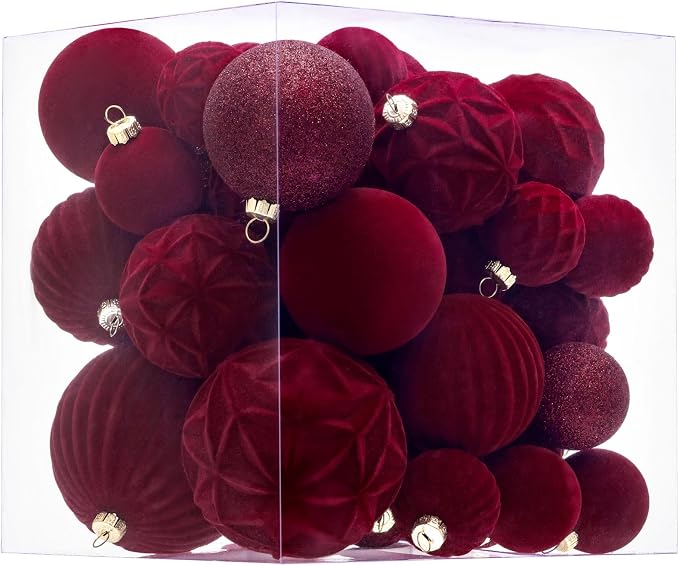 36pcs Velvet Christmas Ball Ornaments Burgundy Christmas Tree Decorations Shatterproof Xmas Ornaments Set with 5 Styles in 3 Sizes(Small Medium Large)