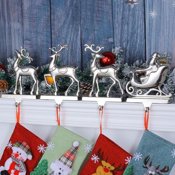 Set of 4 Christmas Stocking Holder for Mantel Reindeer and Sleigh Christmas Stocking Hangers for Fireplace Metal Mantel Hooks Hanger for Christmas (Stocking Holder Set of 4)