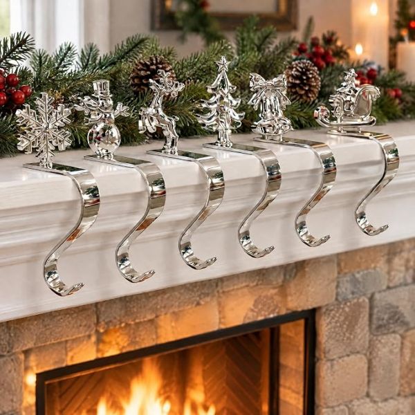 6 PCS Christmas Stocking Holders for Mantle Iron Metal Hooks