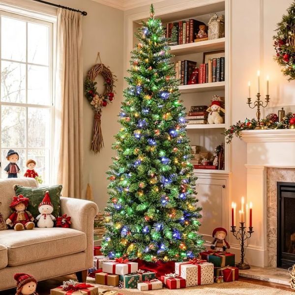 Hykolity 6' Artificial Pencil Slim Christmas Tree, Pre-Lit with 200 Color Changing LEDs, 544 PVC Tips, Hinged Branches, Metal Base, 10 Modes