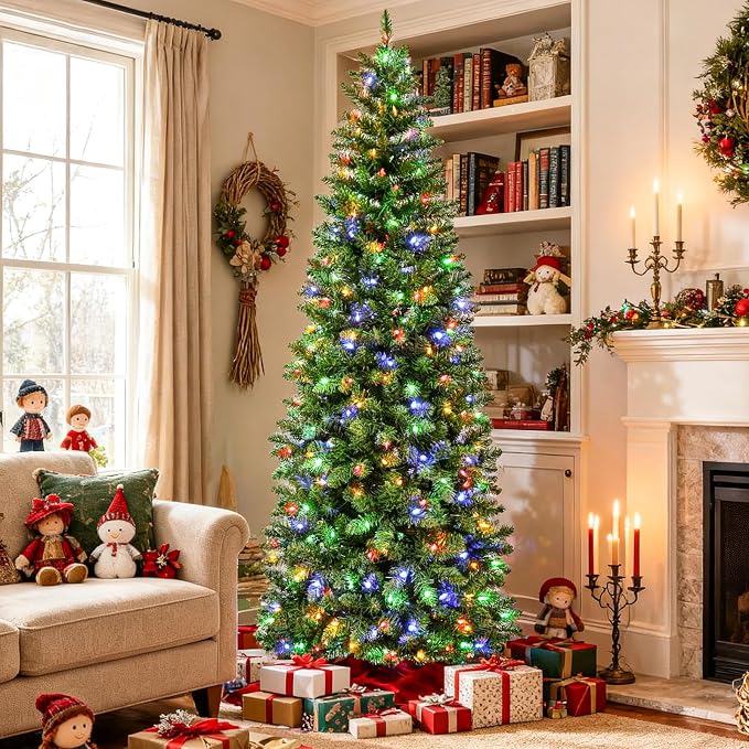 Hykolity 6' Artificial Pencil Slim Christmas Tree, Pre-Lit with 200 Color Changing LEDs, 544 PVC Tips, Hinged Branches, Metal Base, 10 Modes