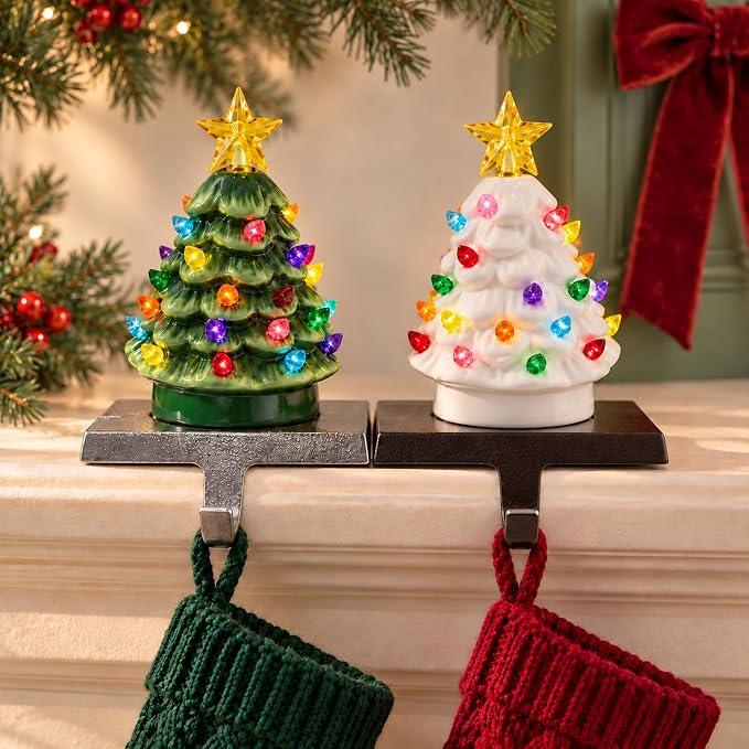 Christmas Stocking Holders for Mantel, Set of 2 with Lighted Ceramic Trees