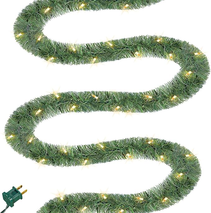 Biswing 50FT Pre-lit Christmas Green Garland, Lighted Artificial Pine Garlands with 100 Count Clear Incandescent Mini Lights, Light Up for Indoor Outdoor Gate Home Winter Holiday New Year Decorations