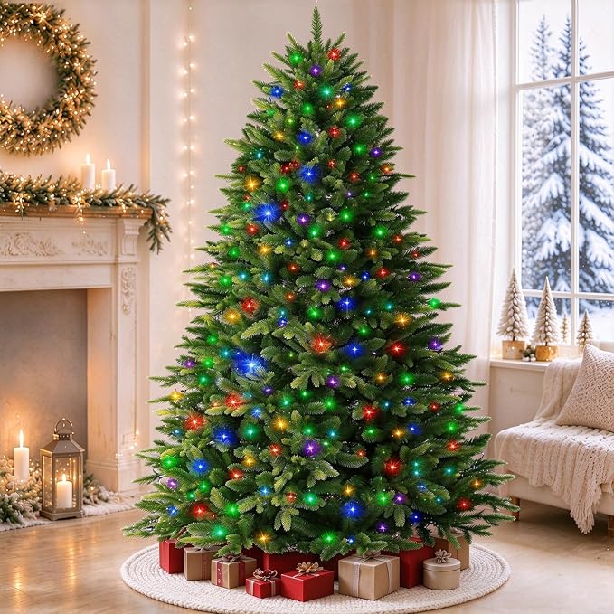 7.5 Ft Pre-Lit Christmas Tree with Light 2-Color, Wide Body PE+PVC