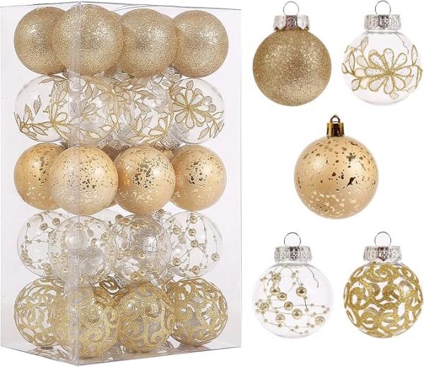 2.36" Clear Christmas Ornaments Set, 30ct Gold Ornaments for Christmas Tree
