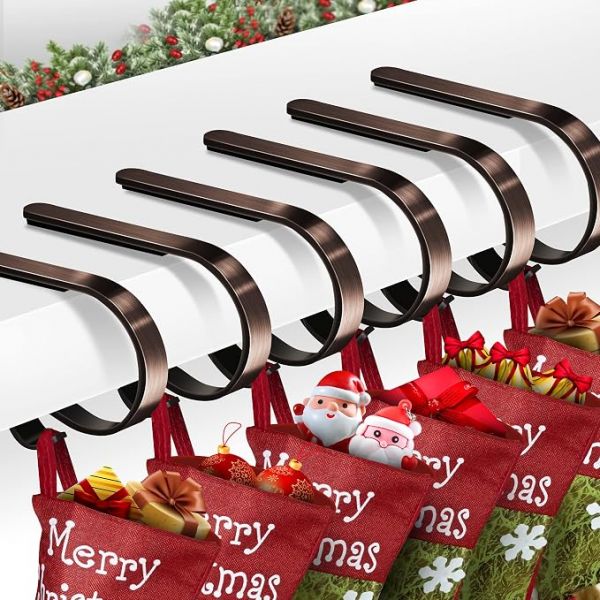Christmas Stocking Holders for Mantle Set of 6, Non-Slip Adjustable Stocking Holders, Stocking Hanger for Christmas Party Decorations(Bronze)