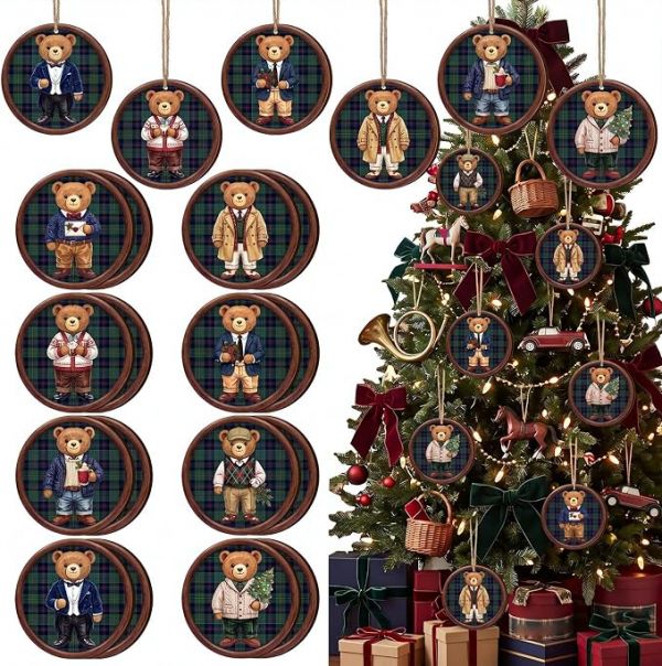 24 Pcs Christmas Bear Ornaments, Vintage Tartan Plaid Decor, Green