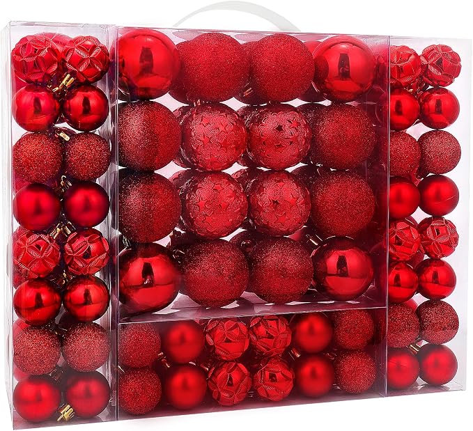 87ct Christmas Ball Ornaments Set Shatterproof Seasonal Hanging Decorations with Reusable Hand-held Gift Package for Xmas Tree Holiday Party and Home Decor, Red