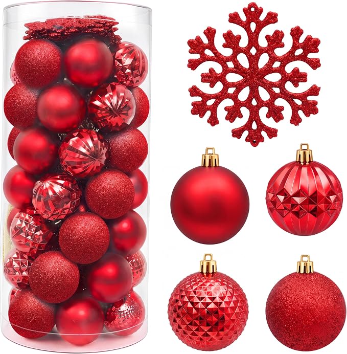60 Pack Red Shatterproof Christmas Balls Set with Loop, Hanging Ornaments for Xmas Tree, Holiday, Wedding & Party Decor (2.36'' & 4.53'')