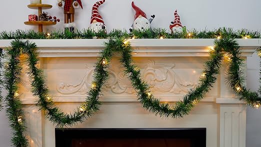 Biswing 50FT Pre-lit Christmas Green Garland, Lighted Artificial Pine Garlands with 100 Count Clear Incandescent Mini Lights, Light Up for Indoor Outdoor Gate Home Winter Holiday New Year Decorations