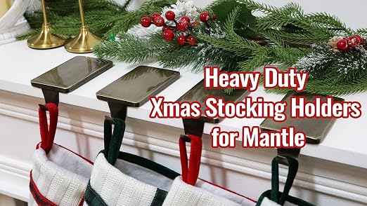 Christmas Stocking Holders for Mantle Set of 4, Heavy Duty Cast Iron Stocking Hangers Base, Low Profile Weighted Stocking Holder Hooks for Fireplace Tabletop Shelf Christmas Decoration, Bronze